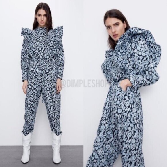 Zara Floral Poplin Ruffle Jumpsuit XS Blue Belted SS20 Blogger Fav TRF - Picture 14 of 15